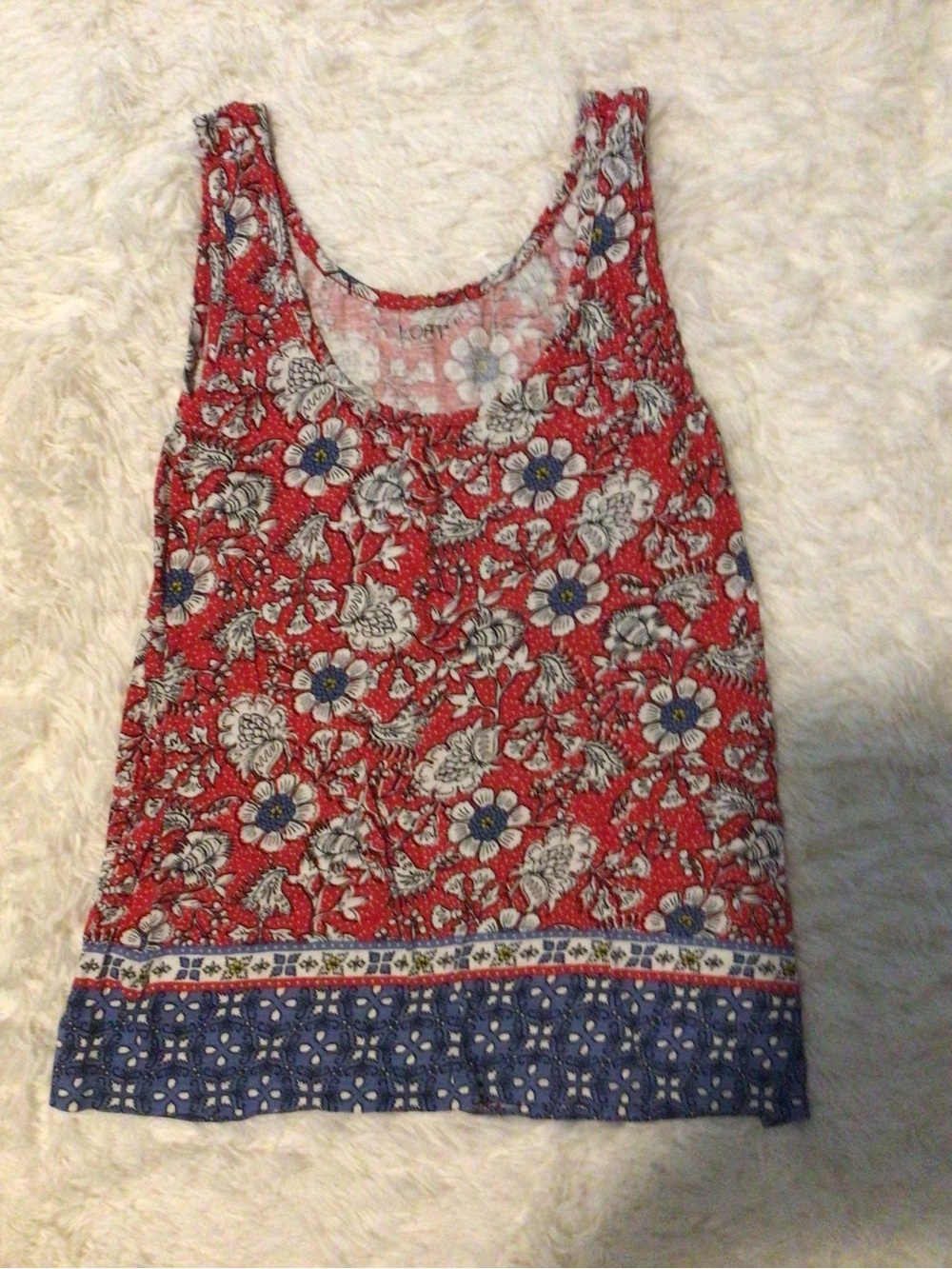 LOFT Red Floral Tank with Blue Hem